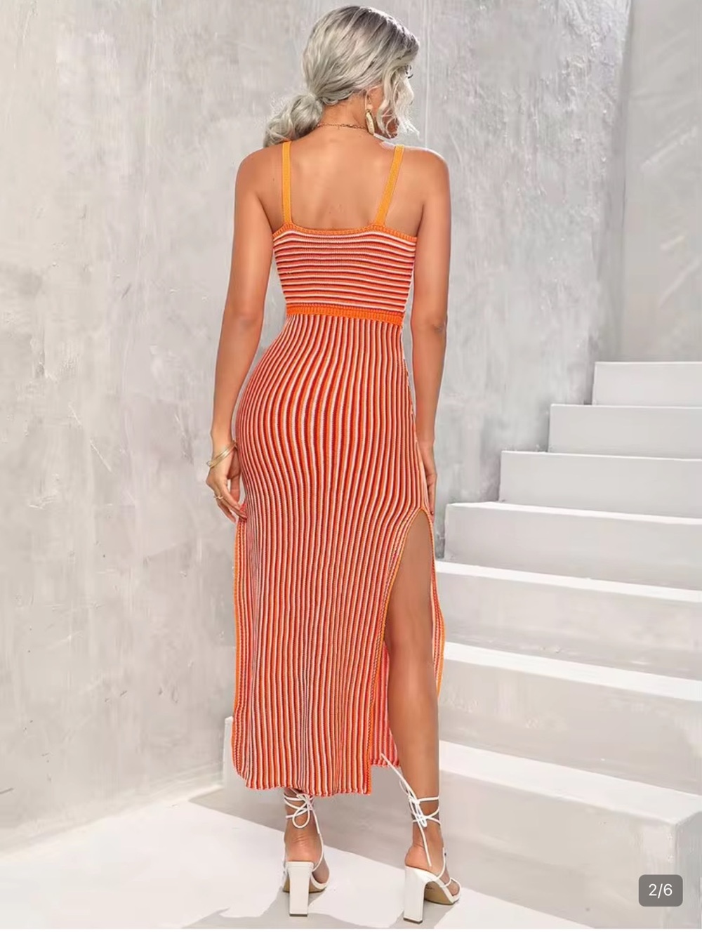 Orange Striped Cutout Knit Maxi Dress - Picture 3 of 8